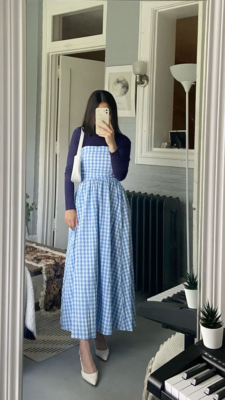 Blue Gingham Sundress with Navy Turtleneck